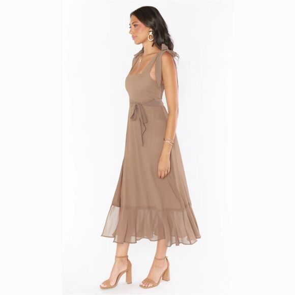 NWT Show Me Your Mumu ‘Claire’ Ruffle Slit Midi Elegant Taupe Sleeveless Dress - Picture 3 of 7
